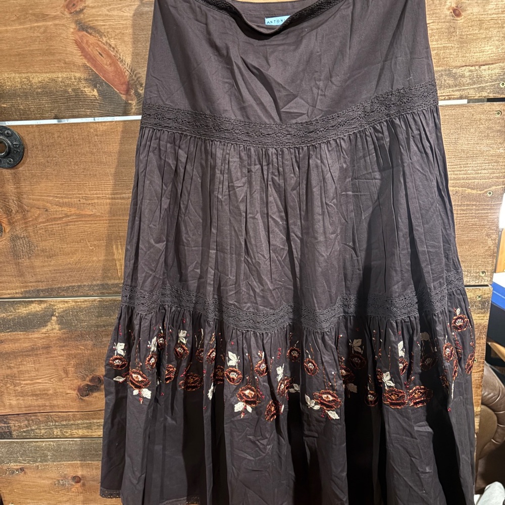 ANTONIO MELANI Black and Brown Embroidered Maxi Skirt